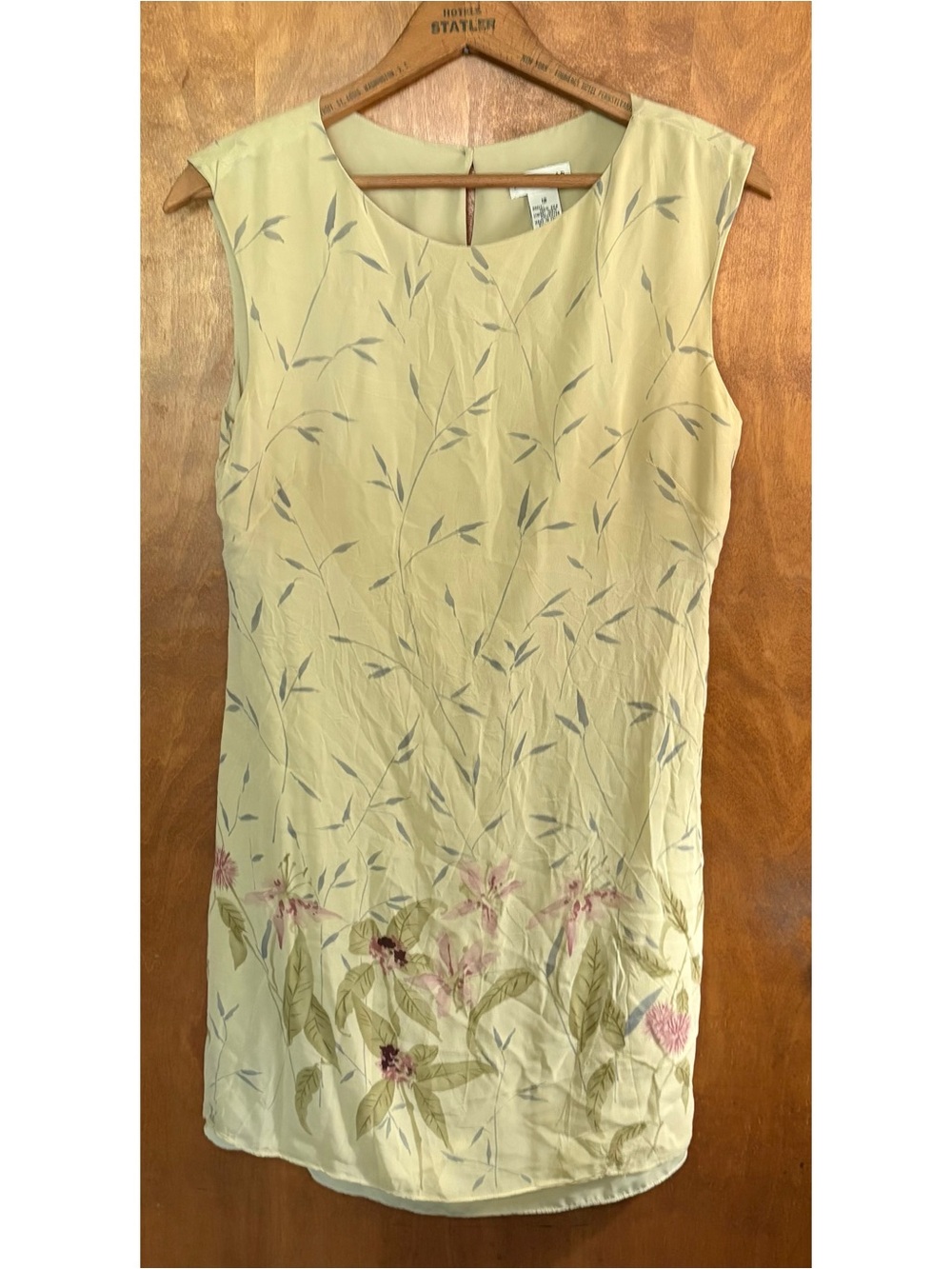 Vintage 90s 100% Silk Green Floral Babydoll Shift Dress Old Money Preppy Formal